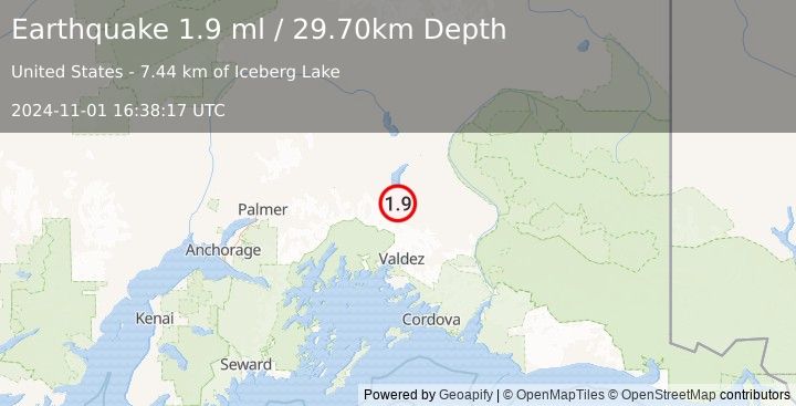 Earthquake 41 km SSE of Nelchina, Alaska (1.9 ml) (2024-11-01 16:38:17 UTC)