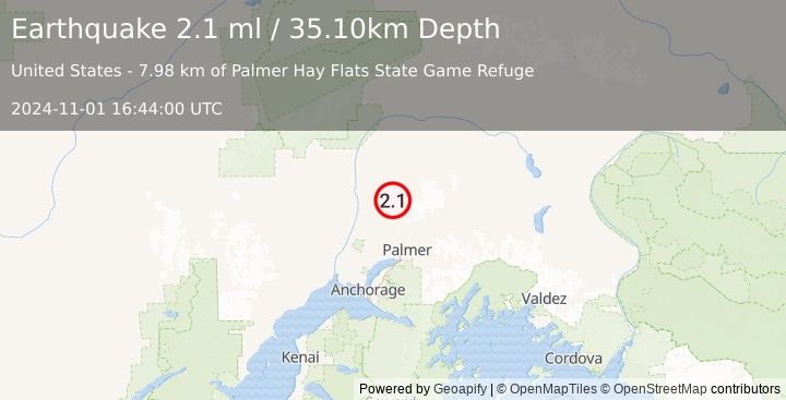 Earthquake 25 km ESE of Susitna North, Alaska (2.1 ml) (2024-11-01 16:44:00 UTC)