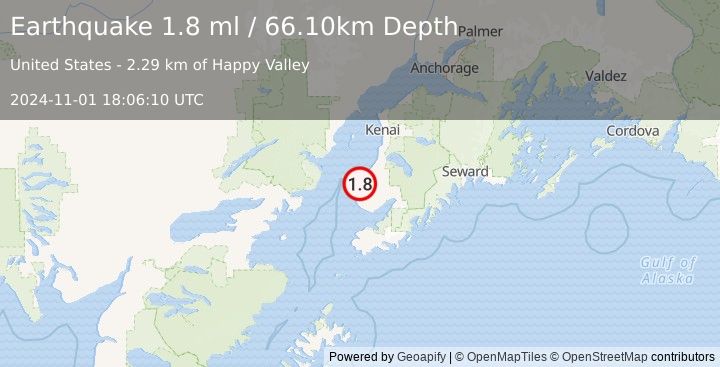 Earthquake 2 km NNW of Happy Valley, Alaska (1.8 ml) (2024-11-01 18:06:10 UTC)