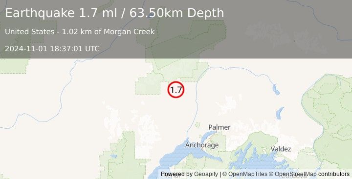 Earthquake 19 km SW of Petersville, Alaska (1.7 ml) (2024-11-01 18:37:01 UTC)