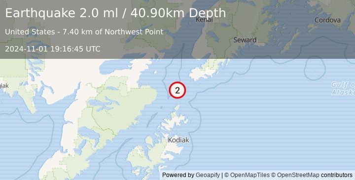 Earthquake 53 km SW of Nanwalek, Alaska (2.0 ml) (2024-11-01 19:16:45 UTC)