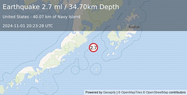 Earthquake 103 km W of Akhiok, Alaska (2.7 ml) (2024-11-01 20:23:28 UTC)