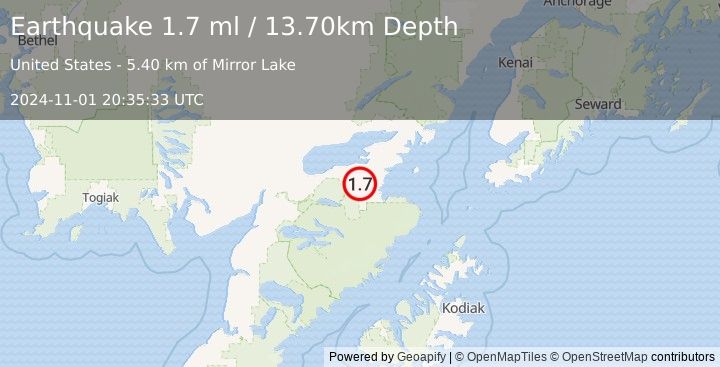 Earthquake 25 km SSE of Kokhanok, Alaska (1.7 ml) (2024-11-01 20:35:33 UTC)