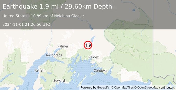 Earthquake 36 km SSE of Eureka Roadhouse, Alaska (1.9 ml) (2024-11-01 21:26:56 UTC)