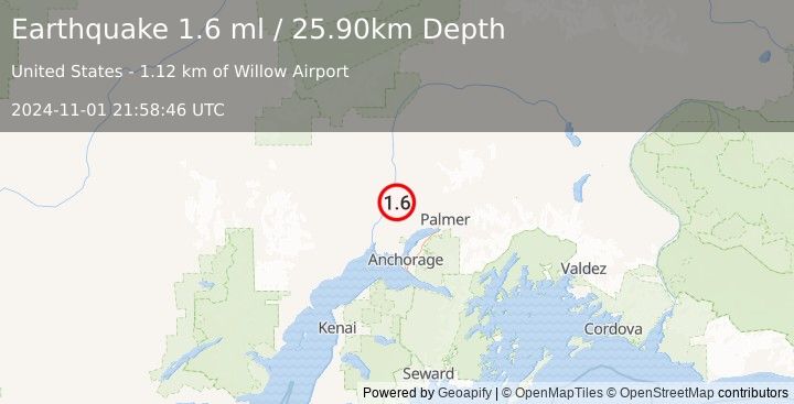 Earthquake 2 km NW of Willow, Alaska (1.6 ml) (2024-11-01 21:58:46 UTC)