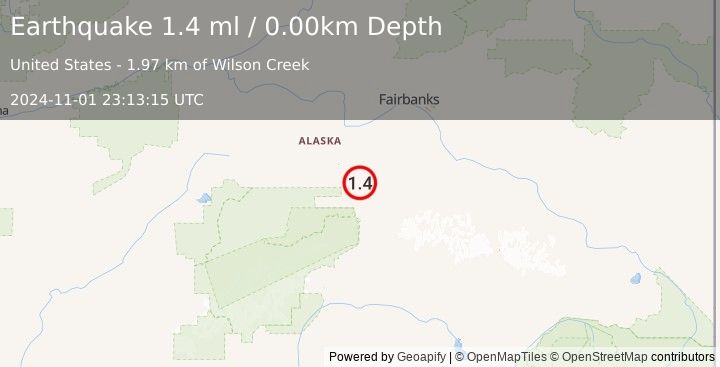 Earthquake 15 km E of Ferry, Alaska (1.4 ml) (2024-11-01 23:13:15 UTC)