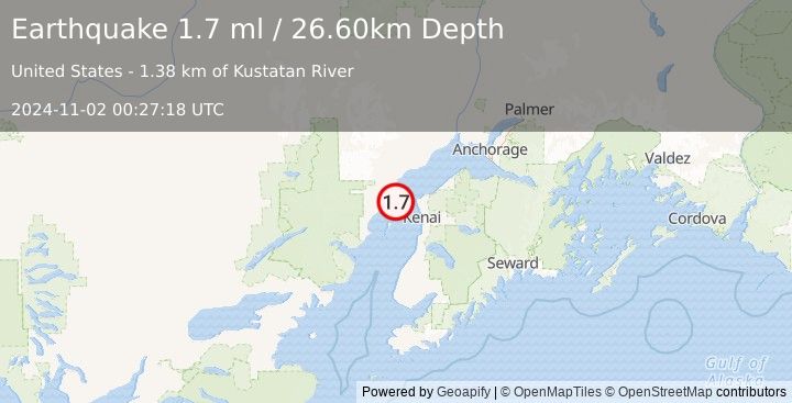 Earthquake 26 km W of Nikiski, Alaska (1.7 ml) (2024-11-02 00:27:18 UTC)