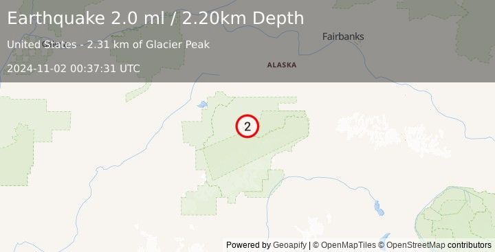 Earthquake 47 km E of Denali National Park, Alaska (2.0 ml) (2024-11-02 00:37:31 UTC)