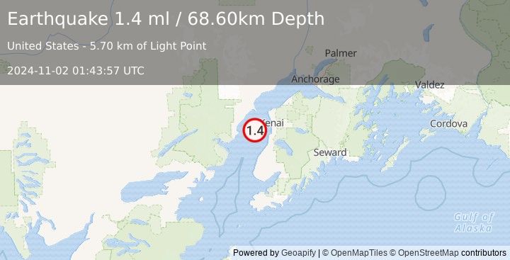 Earthquake 26 km W of Kalifornsky, Alaska (1.4 ml) (2024-11-02 01:43:57 UTC)