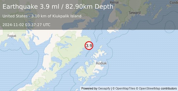 Earthquake 70 km NNW of Aleneva, Alaska (3.9 ml) (2024-11-02 03:37:27 UTC)