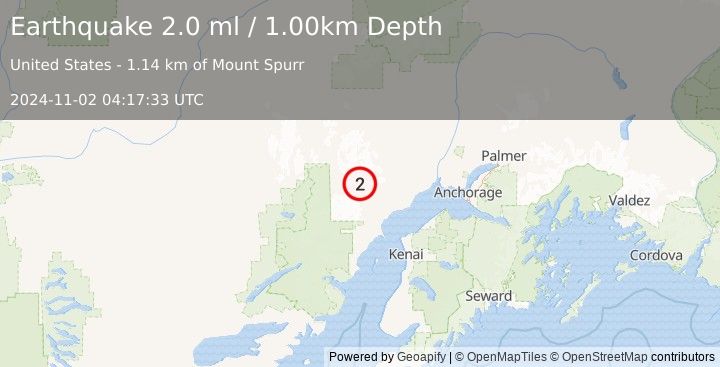 Earthquake 66 km WNW of Beluga, Alaska (2.0 ml) (2024-11-02 04:17:33 UTC)