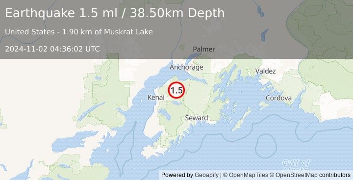 Earthquake 30 km SE of Point Possession, Alaska (1.5 ml) (2024-11-02 04:36:02 UTC)