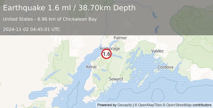 Earthquake 25 km SSW of Anchorage, Alaska (1.6 ml) (2024-11-02 04:45:01 UTC)