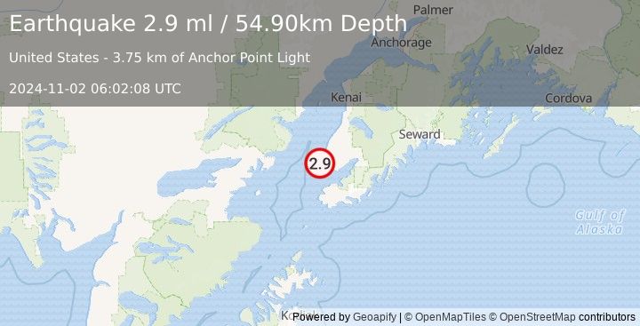 Earthquake 5 km SW of Anchor Point, Alaska (2.9 ml) (2024-11-02 06:02:08 UTC)