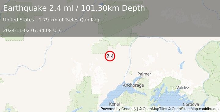 Earthquake 25 km NNW of Skwentna, Alaska (2.4 ml) (2024-11-02 07:34:08 UTC)