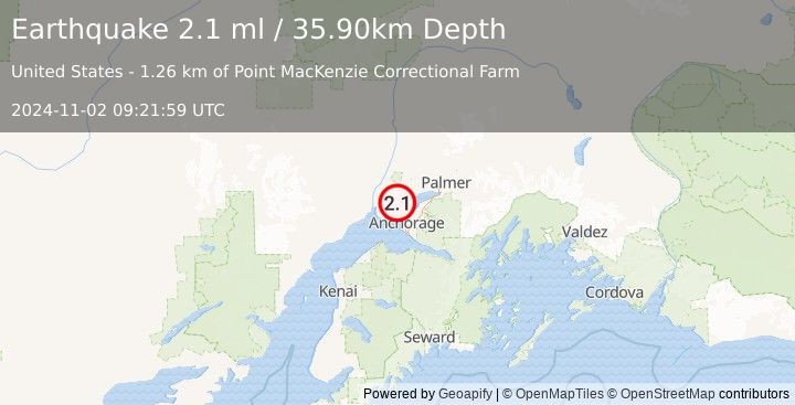 Earthquake 7 km NW of Point MacKenzie, Alaska (2.1 ml) (2024-11-02 09:21:59 UTC)