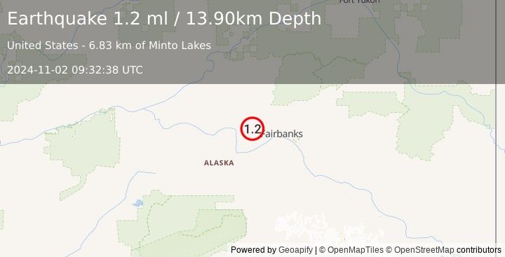 Earthquake 29 km WNW of Ester, Alaska (1.2 ml) (2024-11-02 09:32:38 UTC)