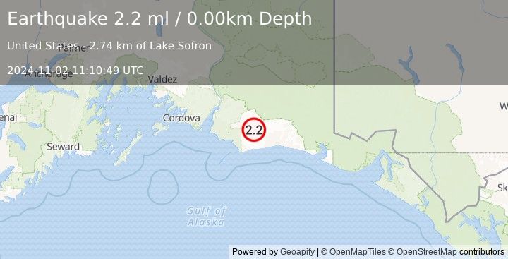 Earthquake 123 km SSW of McCarthy, Alaska (2.2 ml) (2024-11-02 11:10:49 UTC)