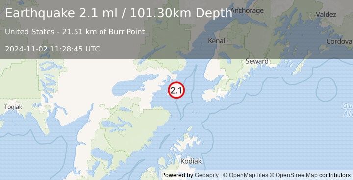 Earthquake 65 km W of Nanwalek, Alaska (2.1 ml) (2024-11-02 11:28:45 UTC)