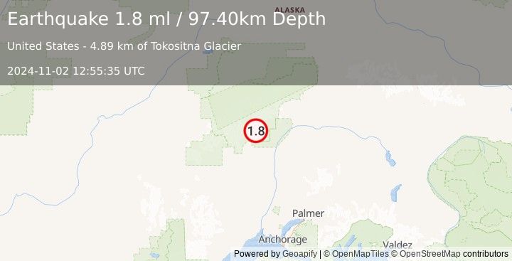 Earthquake 32 km N of Petersville, Alaska (1.8 ml) (2024-11-02 12:55:35 UTC)