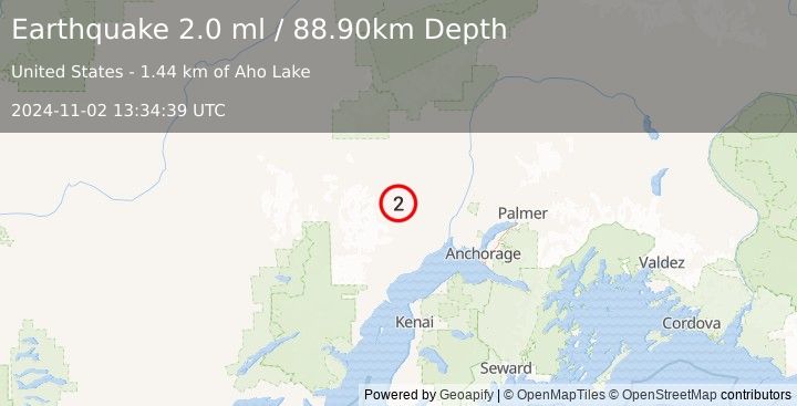 Earthquake 34 km SSW of Skwentna, Alaska (2.0 ml) (2024-11-02 13:34:39 UTC)