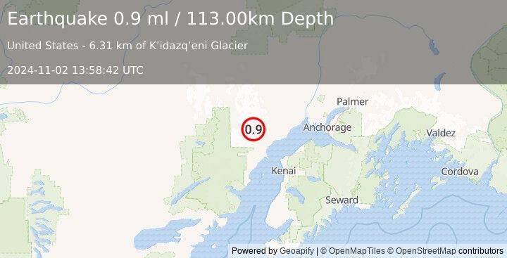 Earthquake 58 km WNW of Tyonek, Alaska (0.9 ml) (2024-11-02 13:58:42 UTC)