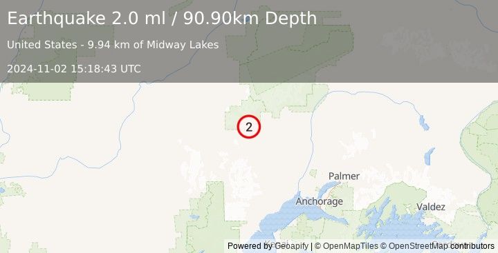 Earthquake 54 km NW of Skwentna, Alaska (2.0 ml) (2024-11-02 15:18:43 UTC)