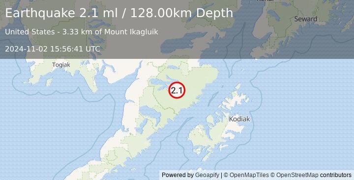 Earthquake 88 km ESE of King Salmon, Alaska (2.1 ml) (2024-11-02 15:56:41 UTC)