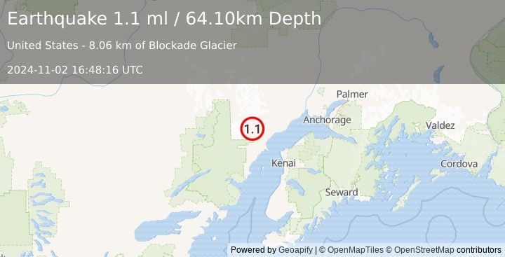 Earthquake 59 km W of Tyonek, Alaska (1.1 ml) (2024-11-02 16:48:16 UTC)