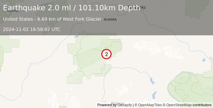 Earthquake 51 km W of Cantwell, Alaska (2.0 ml) (2024-11-02 16:58:02 UTC)