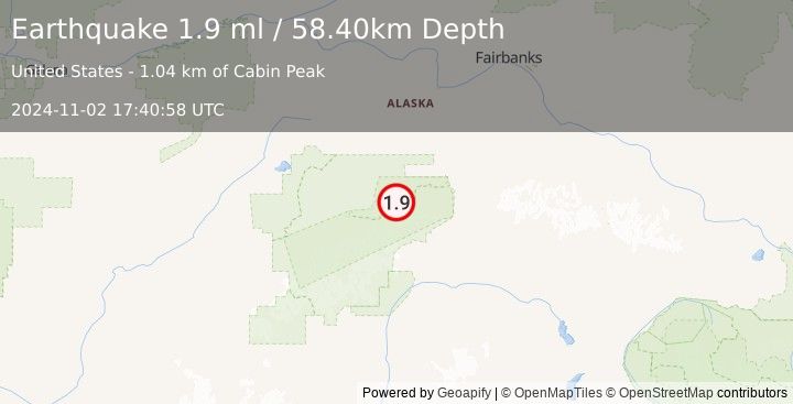 Earthquake 54 km WNW of Cantwell, Alaska (1.9 ml) (2024-11-02 17:40:58 UTC)