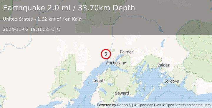 Earthquake 7 km WSW of Susitna, Alaska (2.0 ml) (2024-11-02 19:18:55 UTC)