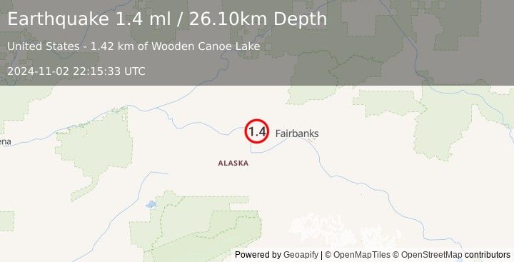 Earthquake 30 km NNE of Four Mile Road, Alaska (1.4 ml) (2024-11-02 22:15:33 UTC)