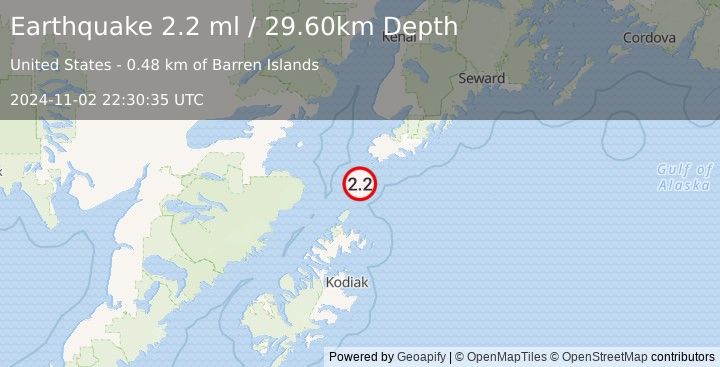 Earthquake 49 km SSW of Nanwalek, Alaska (2.2 ml) (2024-11-02 22:30:35 UTC)