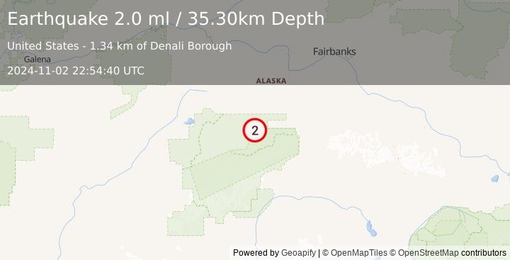 Earthquake 58 km WSW of Ferry, Alaska (2.0 ml) (2024-11-02 22:54:40 UTC)