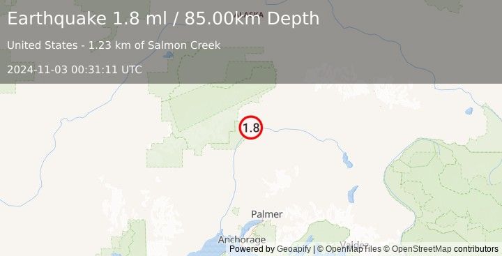 Earthquake 52 km NNE of Chase, Alaska (1.8 ml) (2024-11-03 00:31:11 UTC)