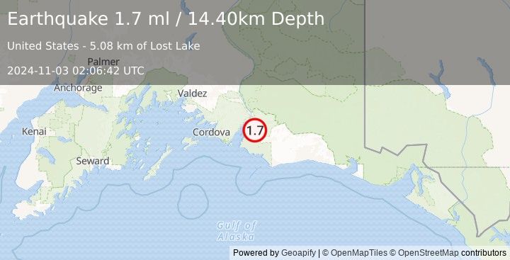 Earthquake 74 km E of Cordova, Alaska (1.7 ml) (2024-11-03 02:06:42 UTC)