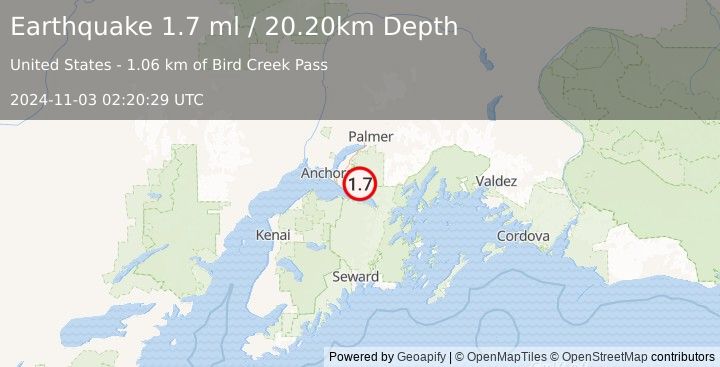 Earthquake 20 km NNW of Girdwood, Alaska (1.7 ml) (2024-11-03 02:20:29 UTC)