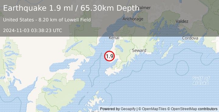 Earthquake 9 km N of Nikolaevsk, Alaska (1.9 ml) (2024-11-03 03:38:23 UTC)