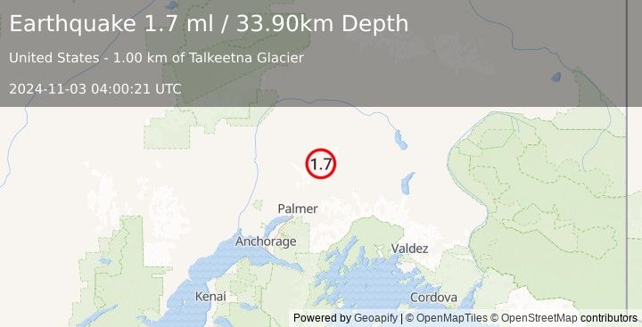 Earthquake 36 km N of Chickaloon, Alaska (1.7 ml) (2024-11-03 04:00:21 UTC)