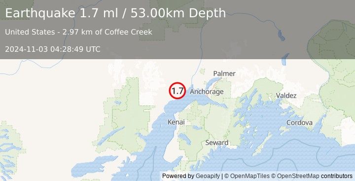 Earthquake 12 km NNW of Beluga, Alaska (1.7 ml) (2024-11-03 04:28:49 UTC)