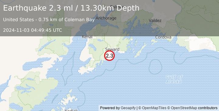 Earthquake 24 km SSW of Lowell Point, Alaska (2.3 ml) (2024-11-03 04:49:45 UTC)