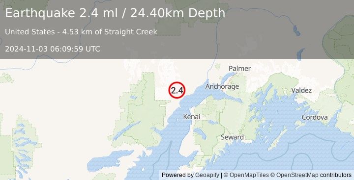 Earthquake 42 km W of Tyonek, Alaska (2.4 ml) (2024-11-03 06:09:59 UTC)