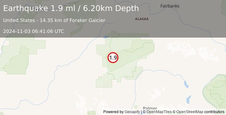 Earthquake 32 km S of Denali National Park, Alaska (1.9 ml) (2024-11-03 06:41:06 UTC)