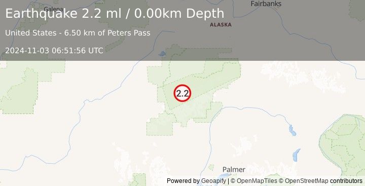 Earthquake 49 km SSE of Denali National Park, Alaska (2.2 ml) (2024-11-03 06:51:56 UTC)