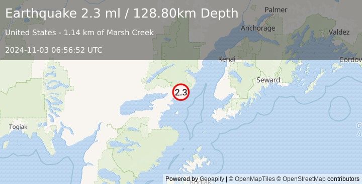 Earthquake 47 km E of Pedro Bay, Alaska (2.3 ml) (2024-11-03 06:56:52 UTC)