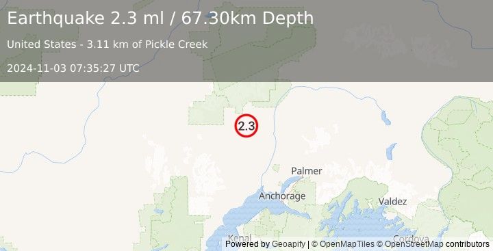 Earthquake 27 km SSW of Petersville, Alaska (2.3 ml) (2024-11-03 07:35:27 UTC)