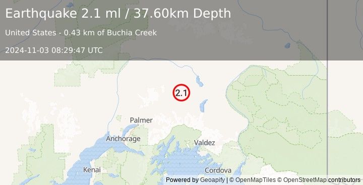 Earthquake 26 km NNW of Eureka Roadhouse, Alaska (2.1 ml) (2024-11-03 08:29:47 UTC)