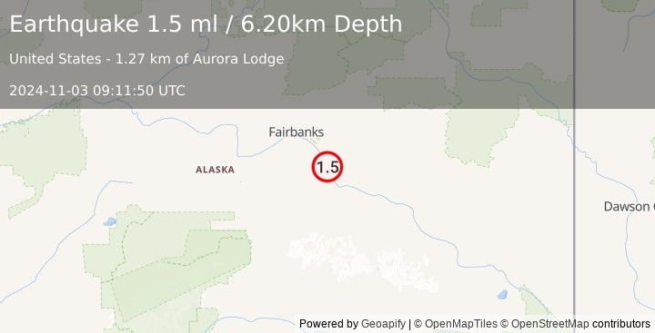 Earthquake 6 km SSW of Salcha, Alaska (1.5 ml) (2024-11-03 09:11:50 UTC)