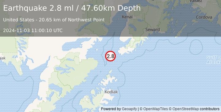 Earthquake 39 km SW of Nanwalek, Alaska (2.8 ml) (2024-11-03 11:00:10 UTC)